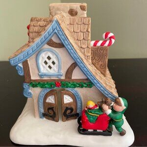 PartyLite Santa's Workshop Ceramic TeaLight Candle House Christmas Village Elves